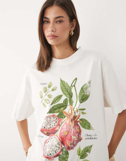 ASOS DESIGN - Cremehvid oversized T-shirt med vintage-dragefrugtgrafik, 3 af 4