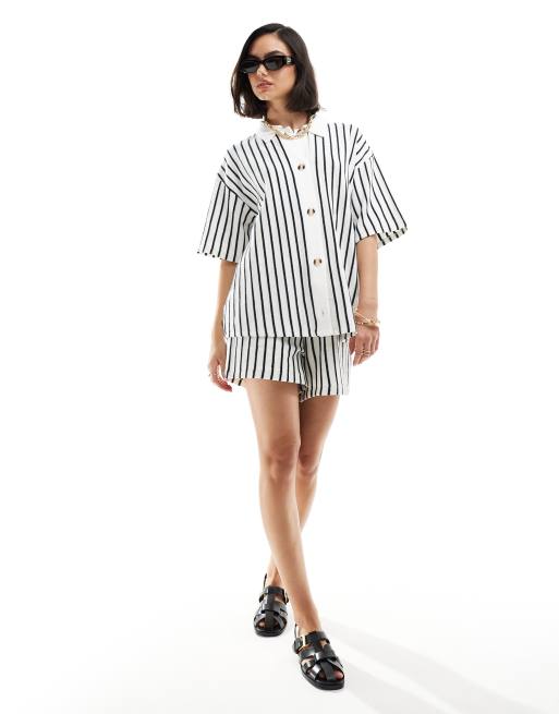 ASOS DESIGN - Cremehvid resortskjorte med tekstur og marineblå striber - Del af sæt, 4 af 4
