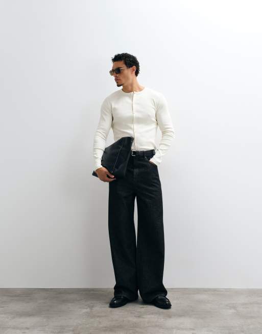 ASOS DESIGN - Cremehvid ribbet og tætsiddende T-shirt med knapper, 3 af 5