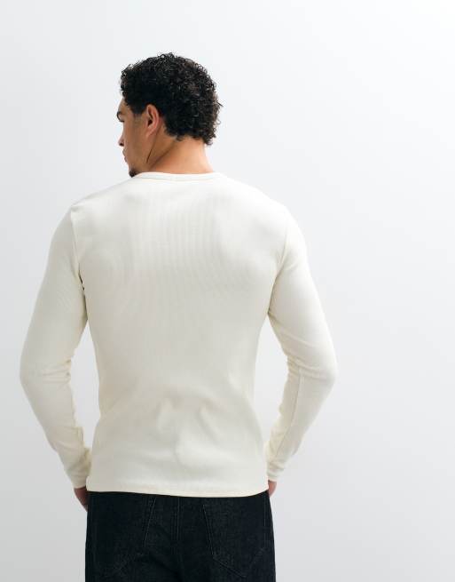 ASOS DESIGN - Cremehvid ribbet og tætsiddende T-shirt med knapper, 5 af 5
