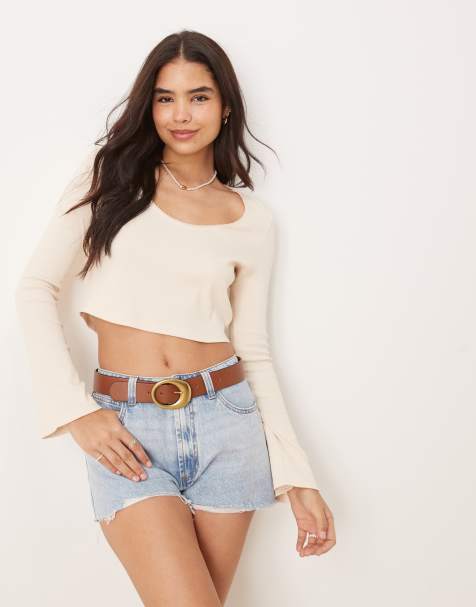 ASOS DESIGN - Cremehvid ribstrikket croptop med lange ærmer og kantdetaljer i firkantet pasform - view 1