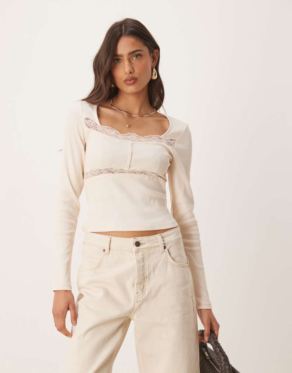 Cream Ribbed Long Sleeve Top