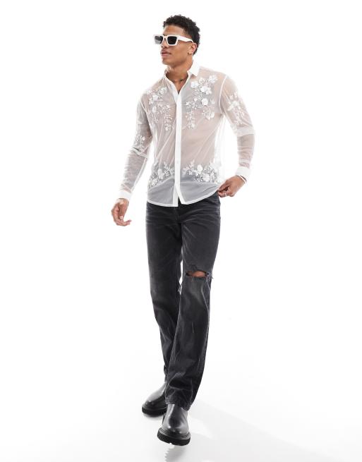 ASOS DESIGN - Cremehvid skjorte med håndudsmykket mønster i regular fit , 3 af 4
