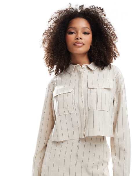ASOS DESIGN - Cremehvid skjorte med lommedetalje og nålestriber i hørlook - Del af sæt - view 1