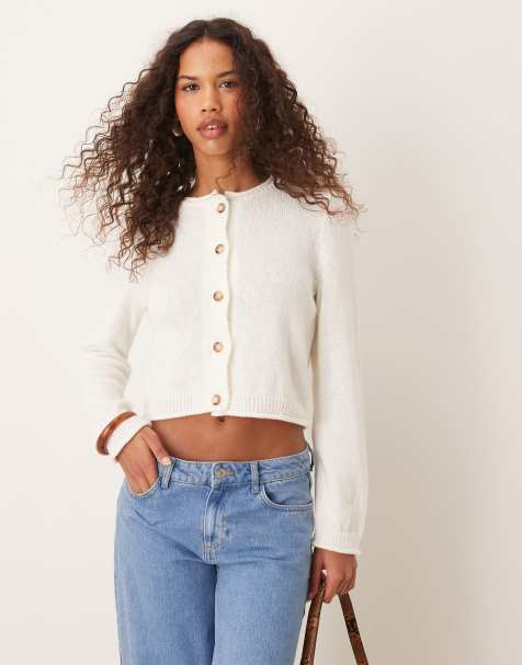 ASOS DESIGN - Cremehvid strikket cardigan med rullet kant i firkantet pasform - view 1