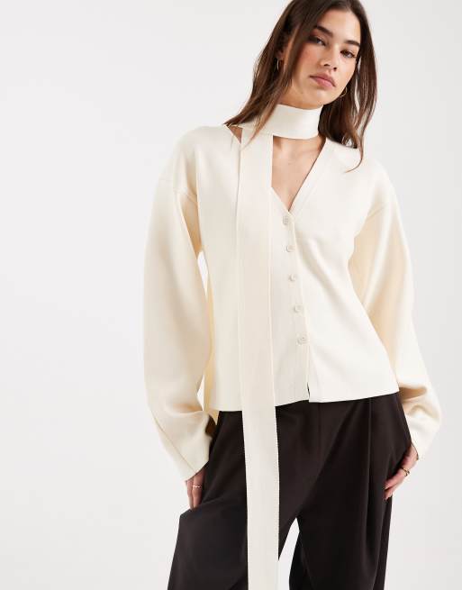 ASOS DESIGN - Cremehvid strikket cardigan med struktur og tørklædedetalje, 2 af 4