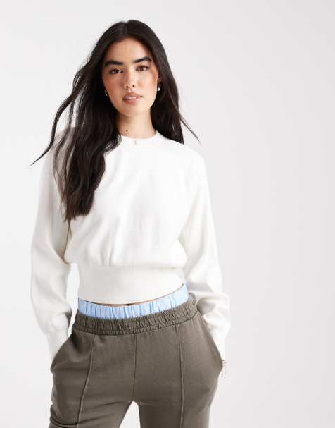 ASOS DESIGN - Cremehvid strikket trøje med rund hals og indsyet talje - view 1