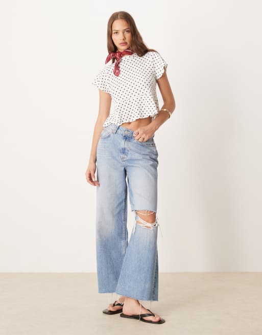 ASOS DESIGN - Cremehvid top med firkantet pasform, flæser og polkaprikker, 3 af 4