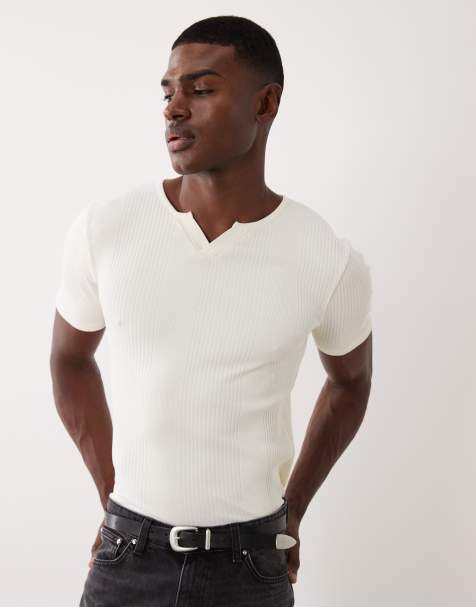 ASOS DESIGN - Cremehvid tætsiddende T-shirt i elegant ribbet materiale med hak i halsen - view 1