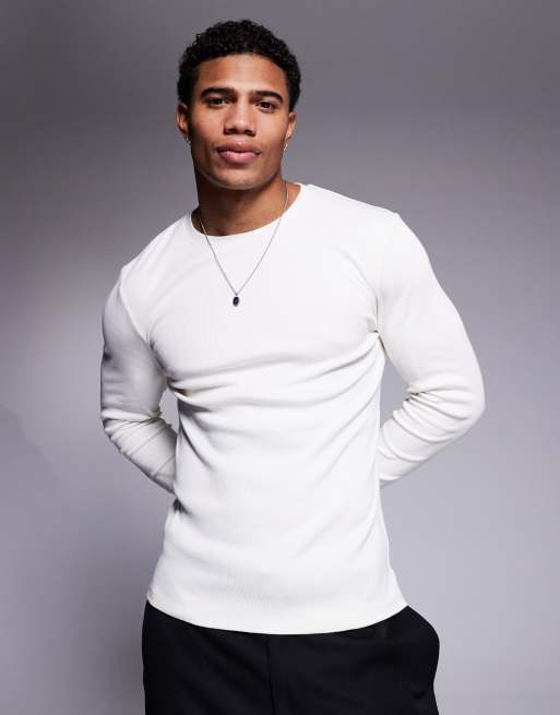 ASOS DESIGN - Cremehvid tætsiddende T-shirt med lange ærmer i kraftig ribstrik
