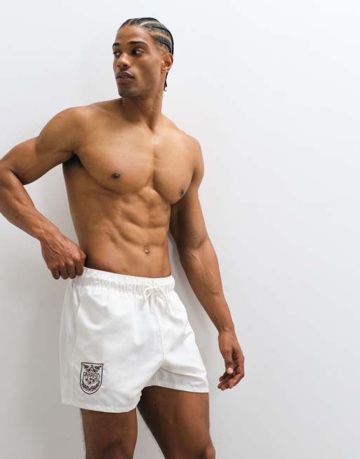 ASOS DESIGN - Cremehvide korte badeshorts med broderier, 4 af 5