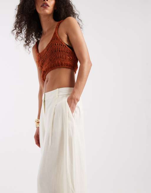 ASOS DESIGN - Cremehvide skræddersyede culotte-bukser i hørblanding , 4 af 5