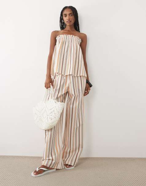 ASOS DESIGN - Cremehvidt sæt med trapez-formet cami-top med bandeau-snit og striber i hørblanding - view 1