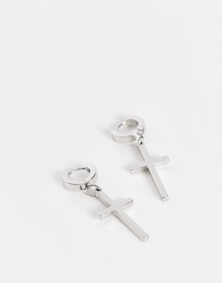 ASOS DESIGN 7mm hoop earrings with cross charms in silver tone - ASOS Price Checker