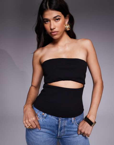 ASOS DESIGN crepe bandeau top with cut out in black - view 1