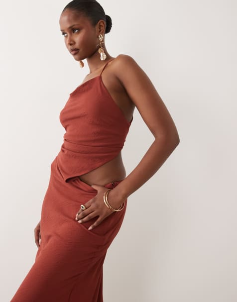 ASOS DESIGN crepe column maxi dress with tie back in russet brown - view 1
