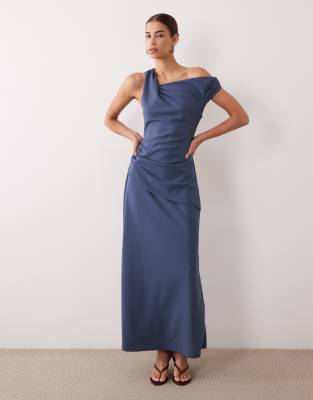 Asos Design Crepe Fallen Shoulder Maxi Dress With Ruched Skirt Detail In Blue