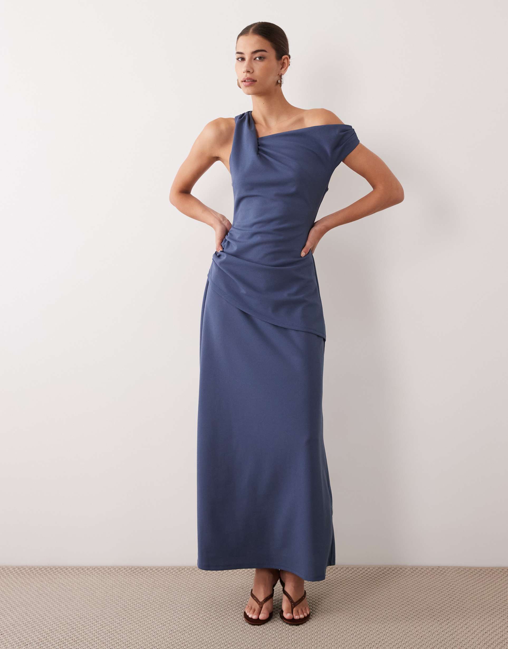 asos design crepe fallen shoulder maxi dress with ruched skirt detail in denim blue