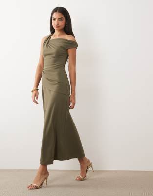 Asos Design Crepe Fallen Shoulder Maxi Dress With Ruched Skirt Detail In Green