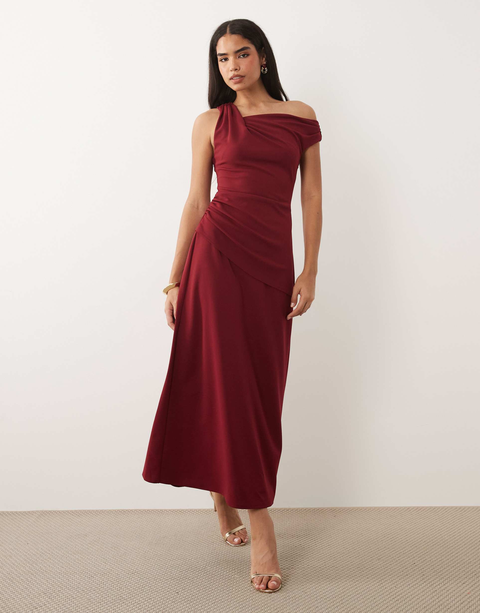 asos design crepe fallen shoulder maxi dress with ruched skirt detail in wine