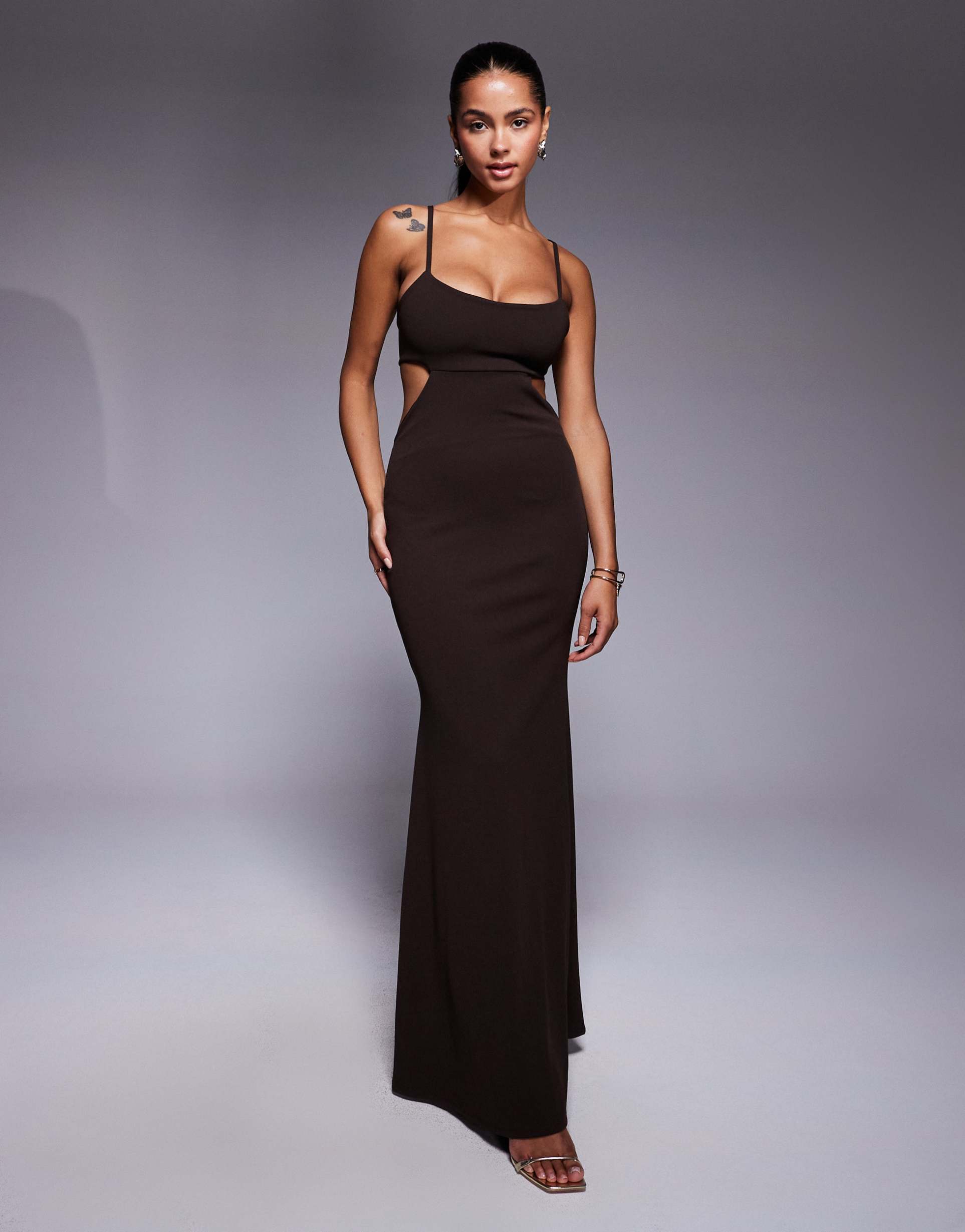 asos design crepe maxi dress with fishtail hem and cut outs in chocolate in scuba-style fabric
