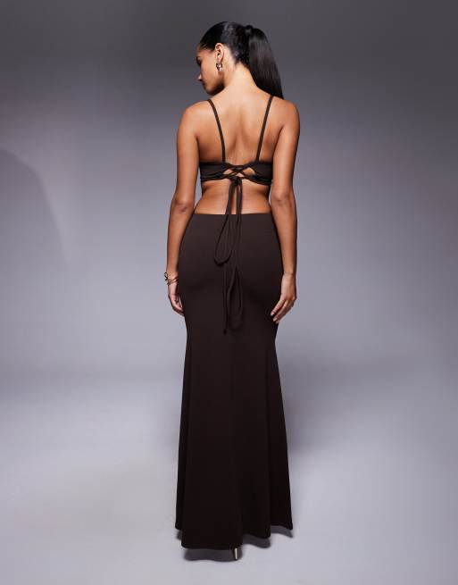 ASOS DESIGN  crepe maxi dress with fishtail hem and cut outs in chocolate in scuba-style fabric, 2 of 4