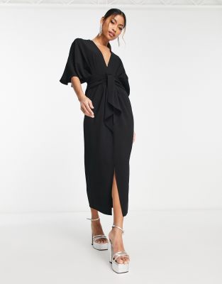 ASOS DESIGN - Crepe-Minikleid in Schwarz mit tiefem Ausschnitt, Binde-Detail und Fledermausärmeln