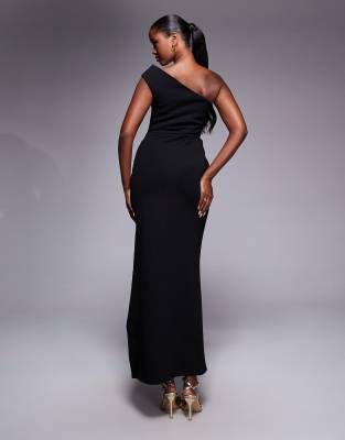 Asos Design Crepe One Shoulder Gathered Midi Dress With Split In Black