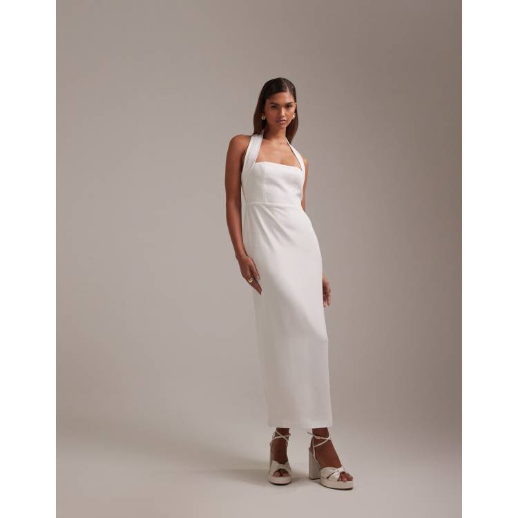 ASOS Design Crepe Pencil Bandeau Midi Dress with Wide Halter Strap in White
