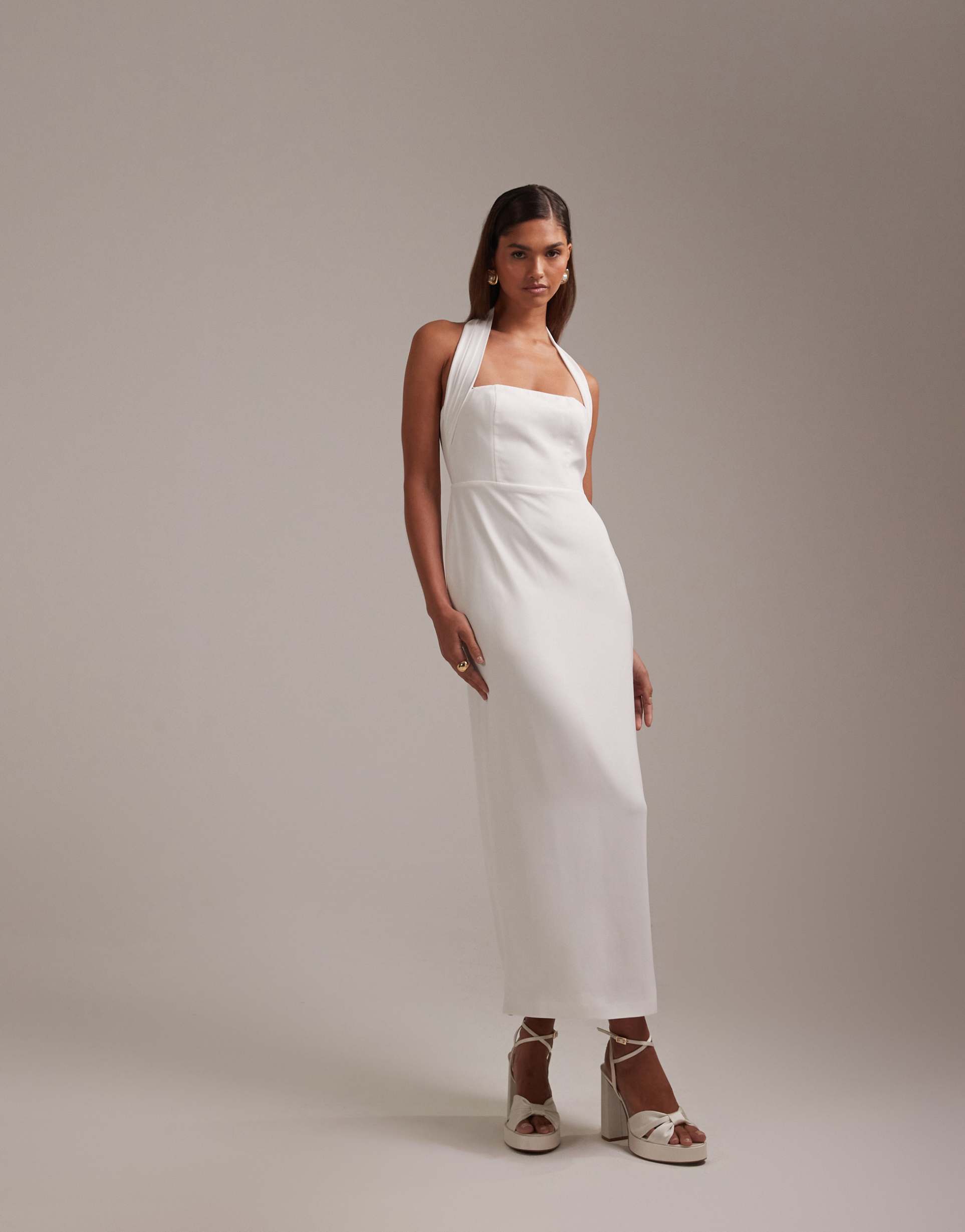 asos design crepe pencil bandeau midi dress with wide halter strap in white