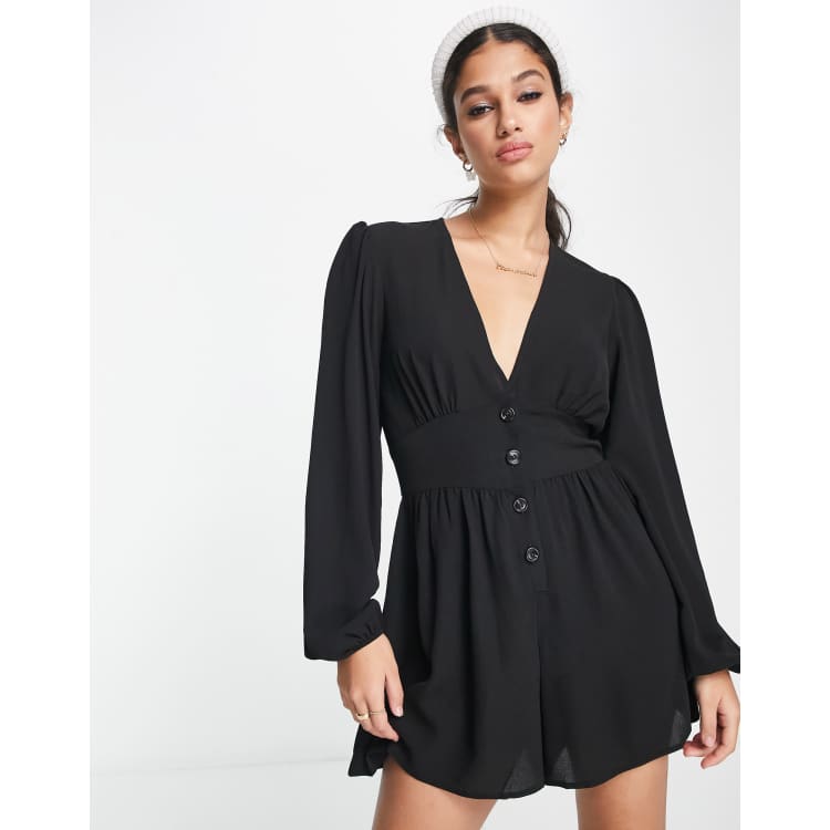 ASOS DESIGN crepe plunge neck playsuit with puff sleeve in black