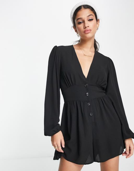 ASOS DESIGN crepe plunge neck playsuit with puff sleeve in black