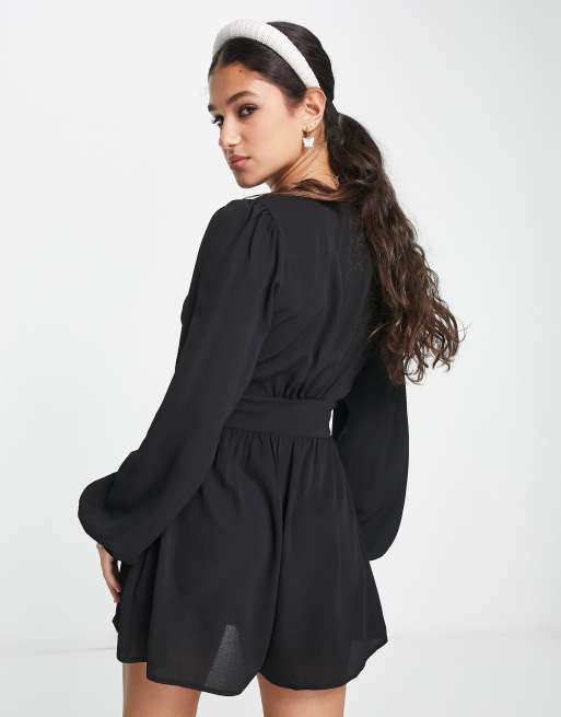 ASOS DESIGN crepe plunge neck playsuit with puff sleeve in black