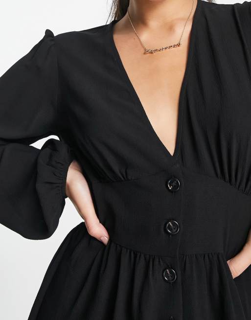 ASOS DESIGN crepe plunge neck playsuit with puff sleeve in black