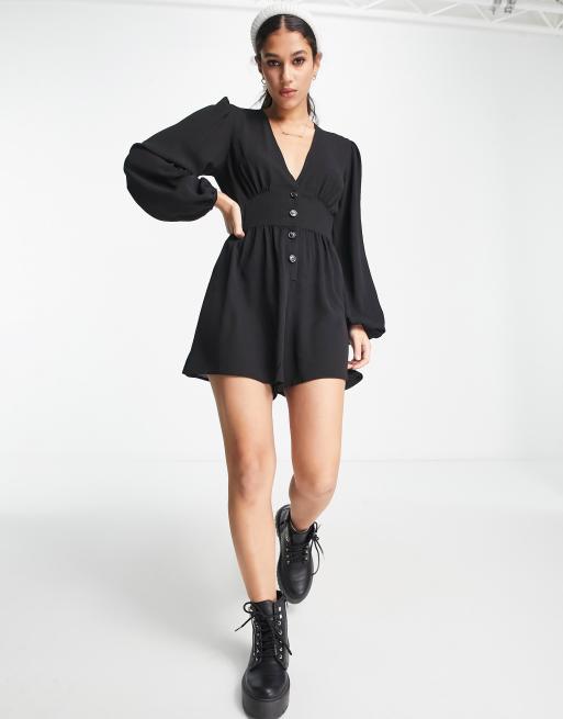 ASOS DESIGN crepe plunge neck playsuit with puff sleeve in black