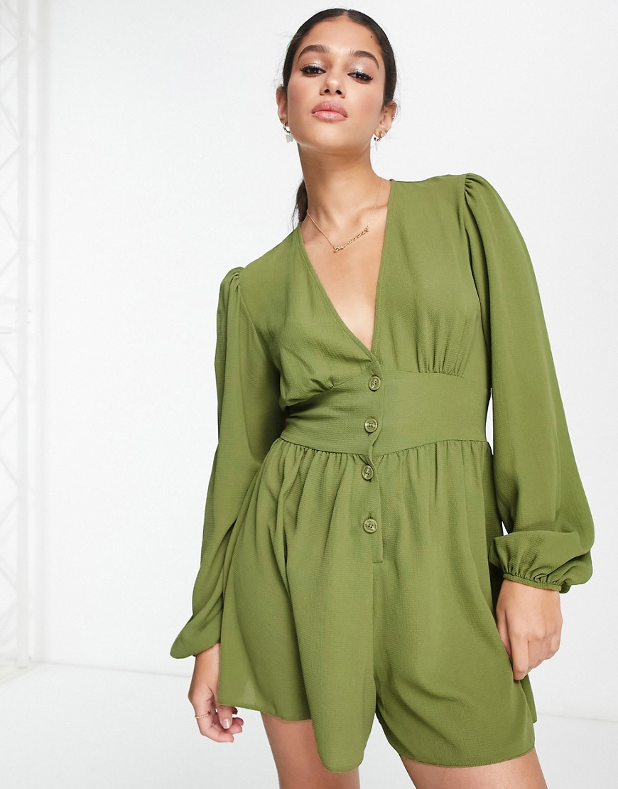 ASOS DESIGN crepe plunge neck playsuit with puff sleeve in khaki-Green