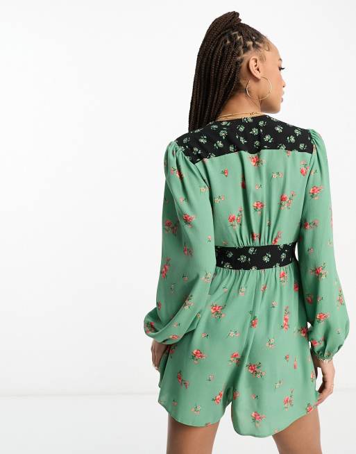 ASOS DESIGN crepe plunge neck playsuit with puff sleeve in mixed print