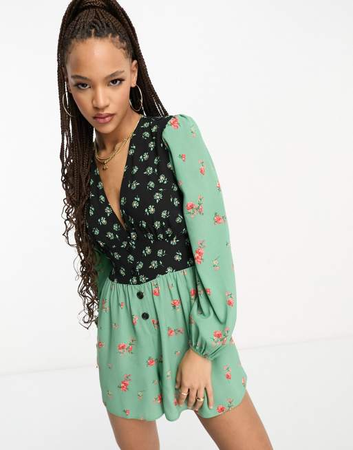 ASOS DESIGN crepe plunge neck playsuit with puff sleeve in mixed