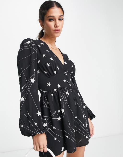 ASOS DESIGN crepe plunge neck playsuit with puff sleeve in mixed star print