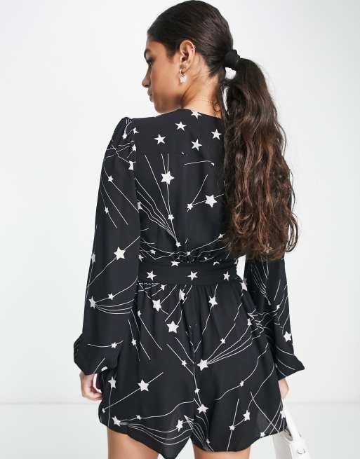 ASOS DESIGN crepe plunge neck playsuit with puff sleeve in mixed star print