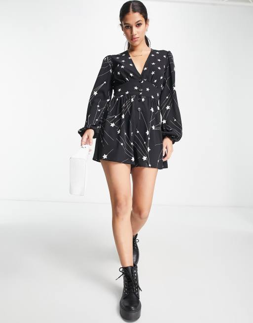 ASOS DESIGN crepe plunge neck playsuit with puff sleeve in mixed