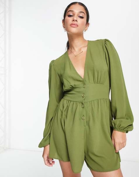 ASOS DESIGN crepe plunge neck romper with puff sleeve in khaki - view 1