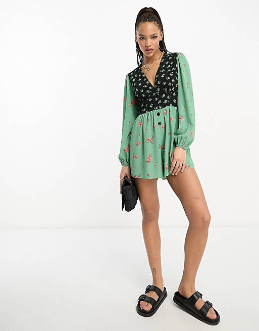 ASOS DESIGN crepe plunge neck romper with puff sleeve in mixed print | ASOS