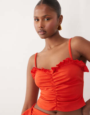 Asos Design Crepe Ruched Cami Top With Neck Frill In Red