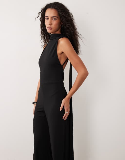 ASOS DESIGN crepe scarf detail jumpsuit with plunge back in black, 2 of 4