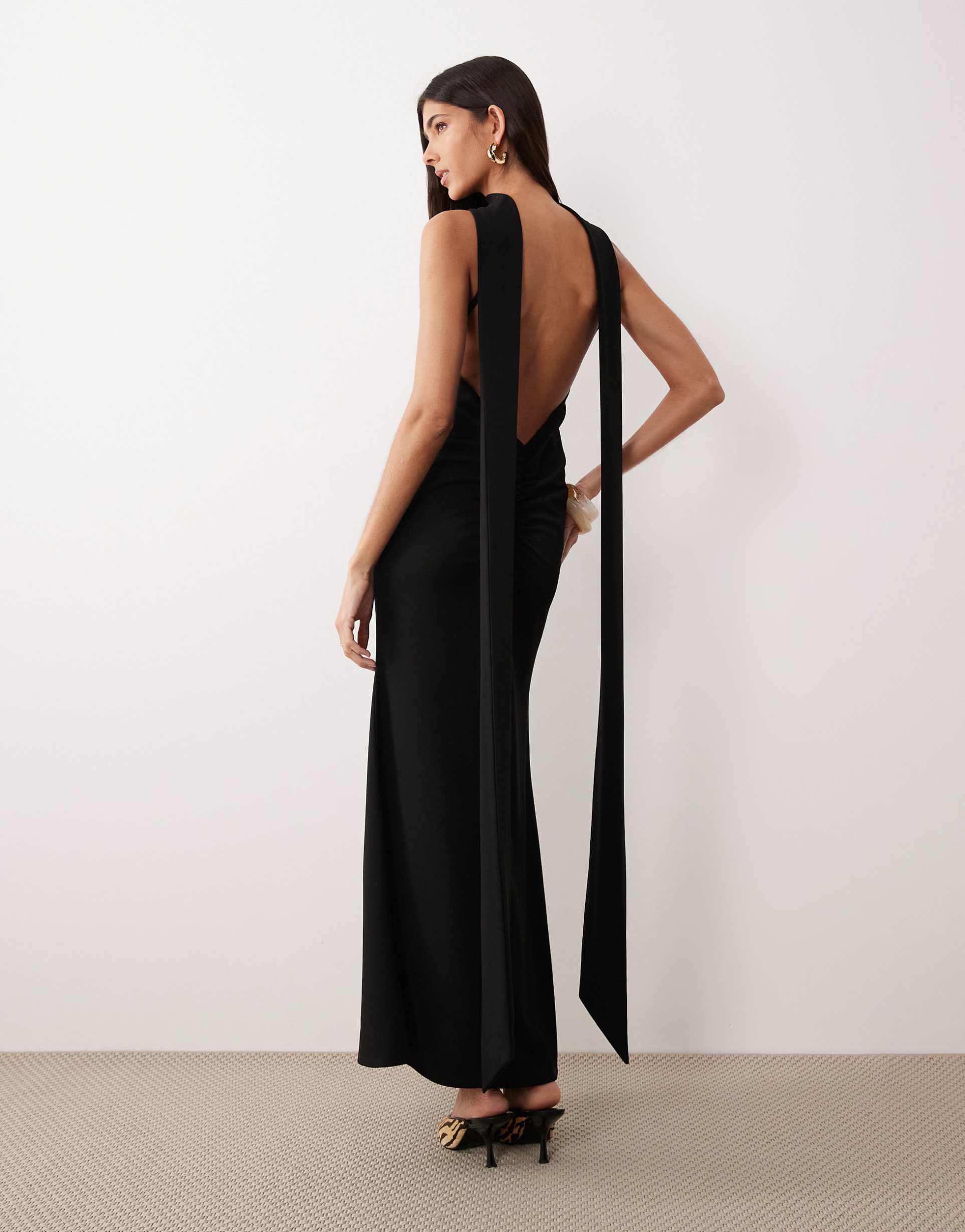 asos design crepe scarf detail maxi dress with plunge back in black in scuba-style fabric