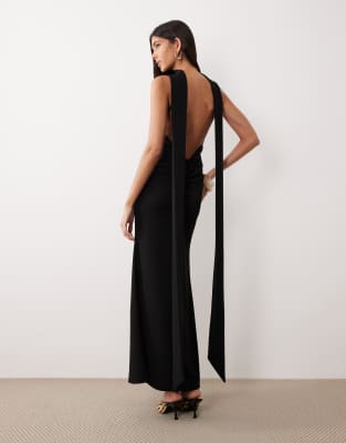 Asos Design Crepe Scarf Detail With Plunge Back In Black