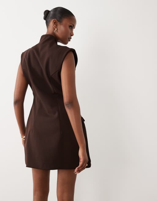 ASOS DESIGN crepe tailored high break point mini dress in chocolate in scuba-style fabric, 4 of 4