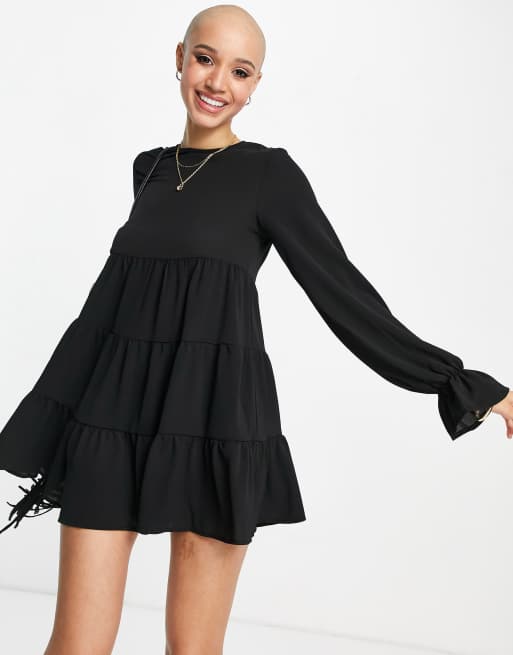 ASOS DESIGN crepe tiered smock playsuit in black, 2 of 4