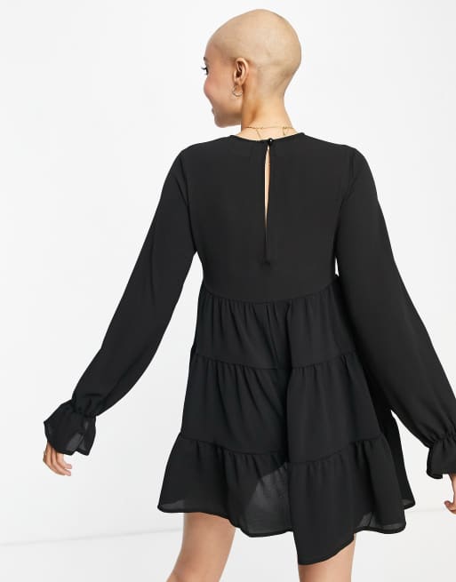 ASOS DESIGN crepe tiered smock playsuit in black, 3 of 4